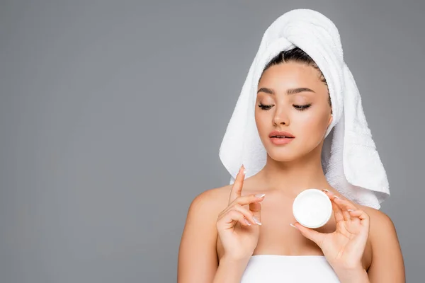 Woman Towel Head Cosmetic Cream Isolated Grey — Stock Photo, Image