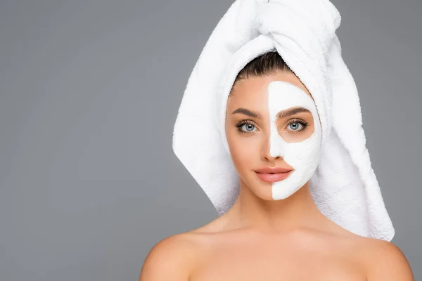Woman Towel Head Clay Mask Face Isolated Grey — Stock Photo, Image