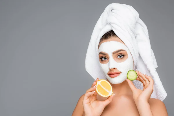 Woman Towel Head Clay Mask Face Holding Lemon Cucumber Isolated — Stock Photo, Image