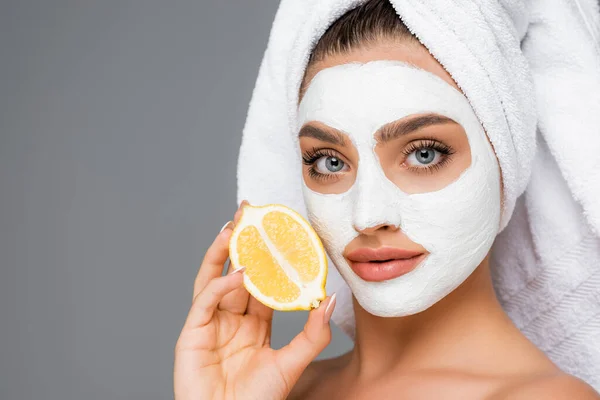 Woman Towel Head Clay Mask Face Holding Lemon Isolated Grey — Stock Photo, Image