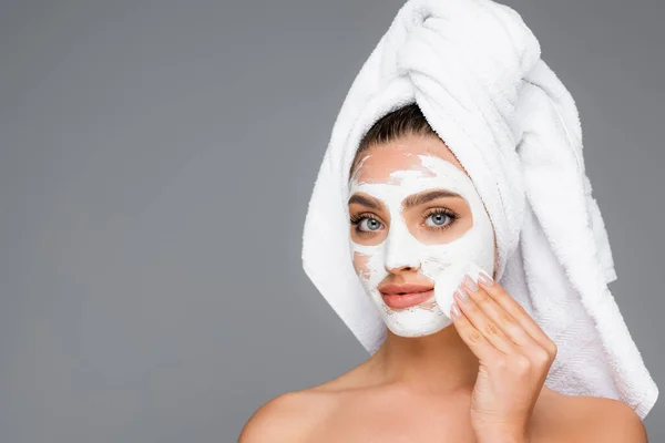 Woman Towel Head Rinsing Clay Mask Face Cotton Pad Isolated — Stock Photo, Image