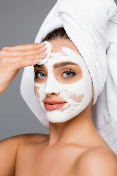 Woman Towel Head Rinsing Clay Mask Face Cotton Pad Isolated — Stock Photo, Image