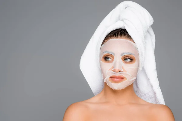 Woman Towel Head Mask Sheet Face Isolated Grey — Stock Photo, Image