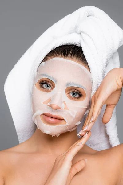 Woman Towel Head Mask Sheet Posing Isolated Grey — Stock Photo, Image