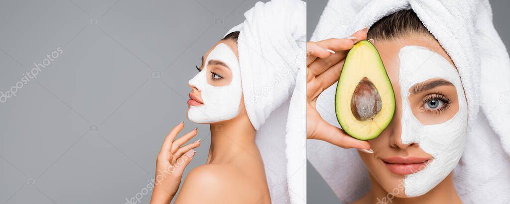 side view of woman with towel on head and clay mask on face holding avocado isolated on grey, collage