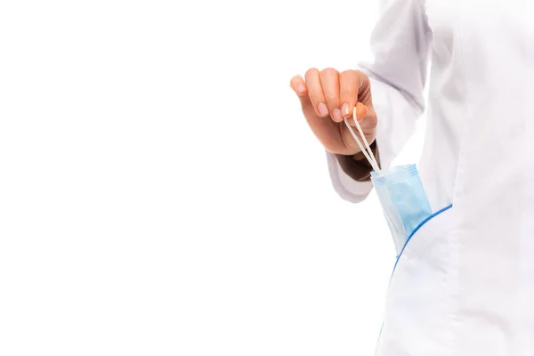 Cropped View Doctor Taking Medical Mask Pocket White Coat Isolated — Stock Photo, Image
