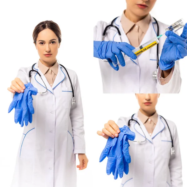 Kolaż Lekarza Wykazującego Rękawice Lateksowe Trzymającego Szczepionkę Strzykawką Wyizolowaną Białym — Zdjęcie stockowe