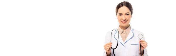 Panoramic Shot Doctor White Coat Holding Stethoscope Isolated White — Stock Photo, Image