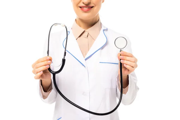 Beskuren Läkare Som Håller Stetoskop Isolerad Vitt — Stockfoto