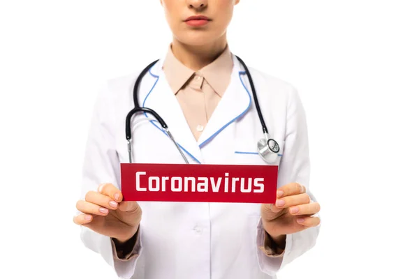 Cropped View Doctor Holding Card Coronavirus Lettering Isolated White — Stock Photo, Image
