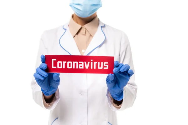 Cropped View Doctor Medical Mask Holding Card Coronavirus Lettering Isolated — Stock Photo, Image