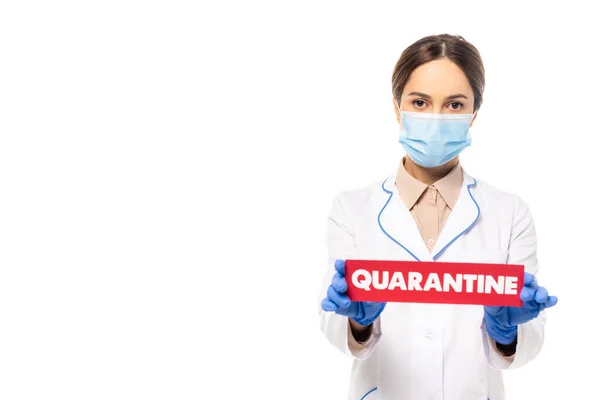 Doctor Medical Mask White Coat Holding Card Quarantine Lettering Isolated — Stock Photo, Image