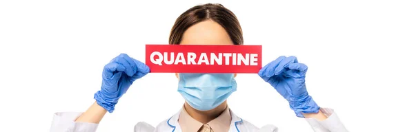 Website Header Doctor Medical Mask Holding Card Quarantine Lettering Isolated — Stock Photo, Image