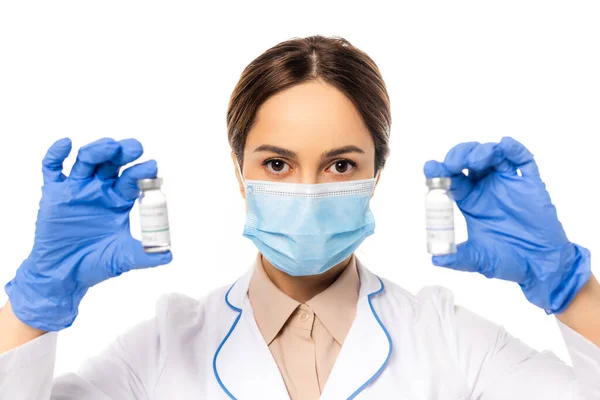 Medico Maschera Medica Guanti Lattice Che Tiene Vasetti Con Vaccino — Foto Stock