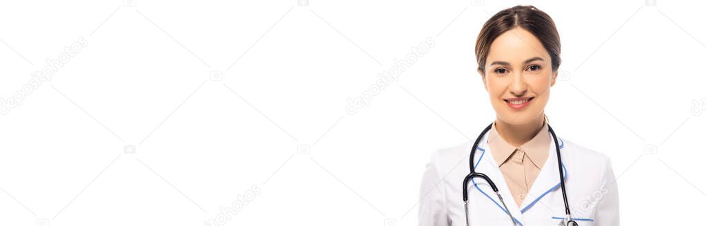 Website header of doctor with stethoscope looking at camera isolated on white