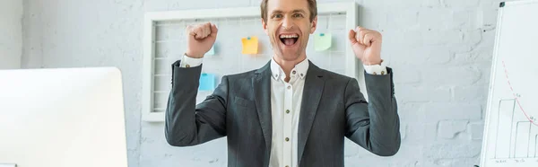 Excited Businessman Winner Gesture Looking Camera While Standing Mesh Organizer — Stock Photo, Image
