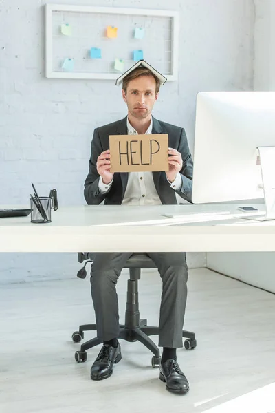 Full Length Disappointed Bankrupt Notebook Head Holding Cardboard Help Lettering — Stock Photo, Image
