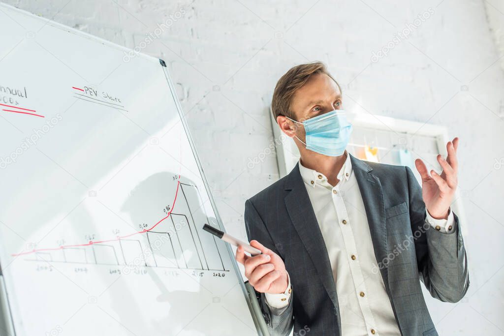 Businessman in medical mask looking away, while pointing with marker at graph on flipchart in office