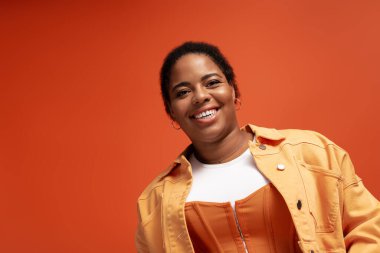 Kendine güveni tam ve cüsseli kadın modeller. Renkli bir stüdyo ve sıcak bir arka planı olan moda sonbahar kıyafetleri..