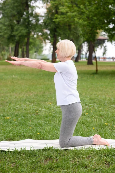 Donna anziana che pratica yoga su tappetino sul prato verde nel parco — Foto stock