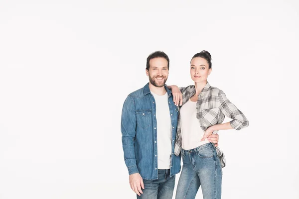 Portrait of happy couple looking at camera isolated on white — Stock Photo