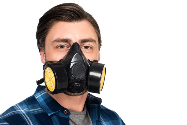Portrait of young man in respirator isolated on white background — Stock Photo