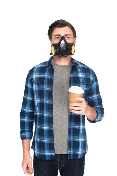Man in respirator holding coffee cup isolated on white background — Stock Photo