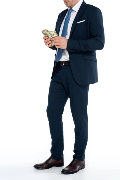 Cropped shot of businessman counting dollar banknotes on white — Stock Photo