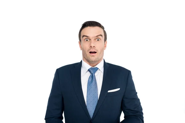 Shocked middle aged businessman looking at camera isolated on white — Stock Photo