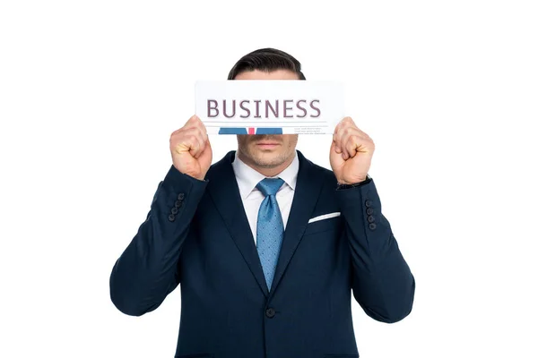Hombre de negocios de mediana edad cerrando los ojos con periódico aislado en blanco - foto de stock