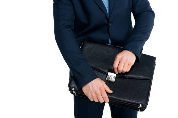 Mid section of businessman in formal wear holding briefcase isolated on white — Stock Photo