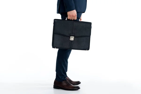 Cropped shot of businessman in formal wear holding briefcase on white — Stock Photo