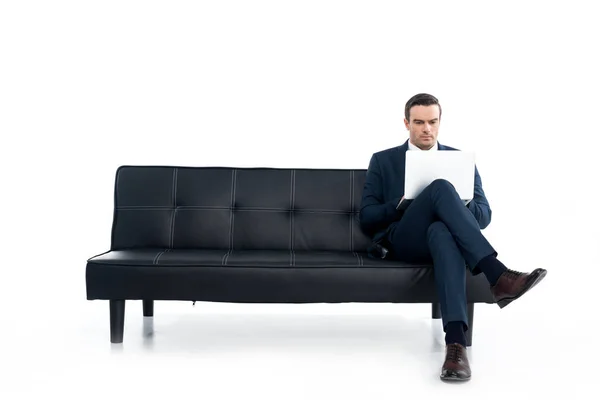 Middle aged businessman sitting on couch and using laptop on white — Stock Photo