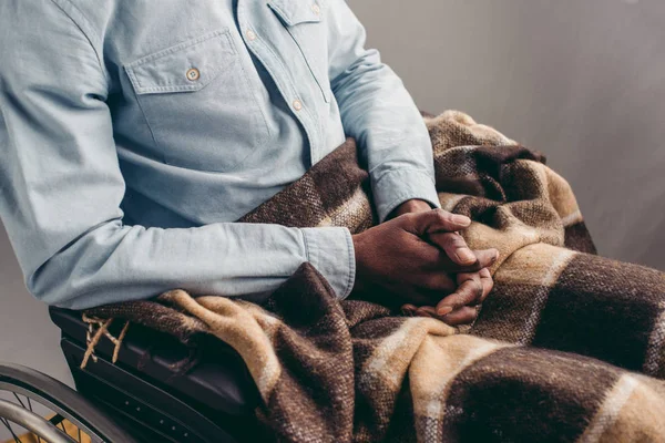 Cropped short of senior man with plaid sitting on wheelchair — Stock Photo