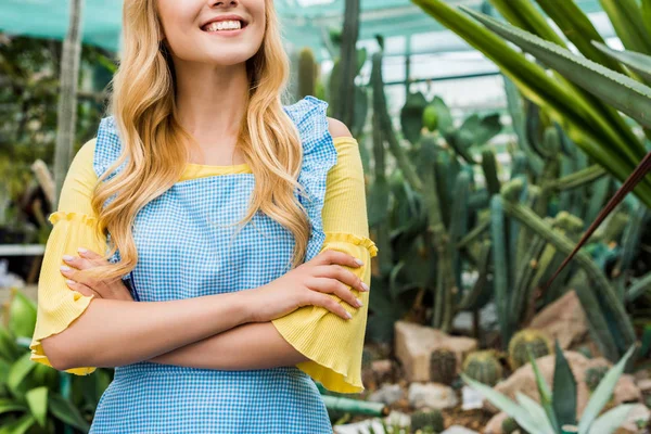 Cropped shot of smiling blonde girl standing with crossed arms in greenhouse — Stock Photo