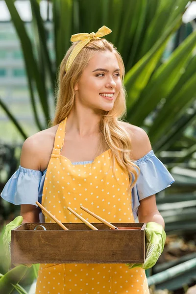 Attraktive junge Frau hält Schachtel mit Gartengeräten und Blumentöpfen — Stockfoto