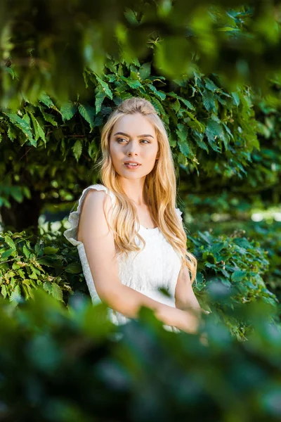 Selective focus of beautiful blonde girl in white dress posing near green leaves — Stock Photo