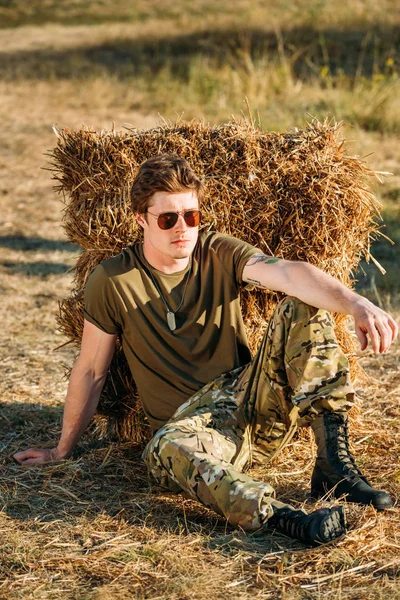 Joven soldado en uniforme militar y gafas de sol descansando cerca del heno a distancia - foto de stock