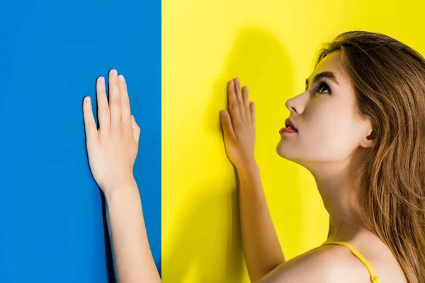 Приваблива молода дівчина кладе руки на синьо-жовтий фон — стокове фото