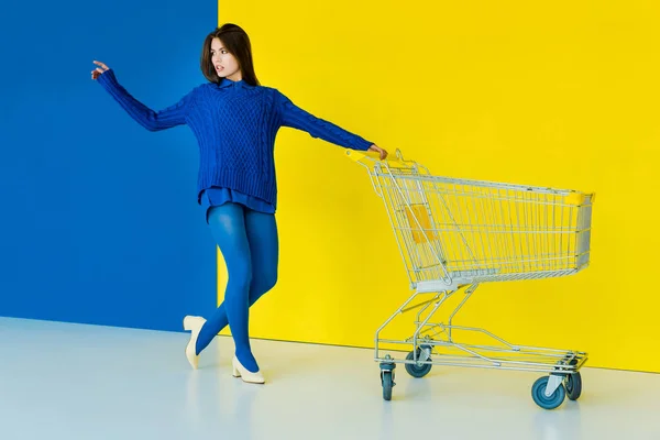 Elegant brunette woman in blue sweater posing by shopping cart on blue and yellow background — Stock Photo