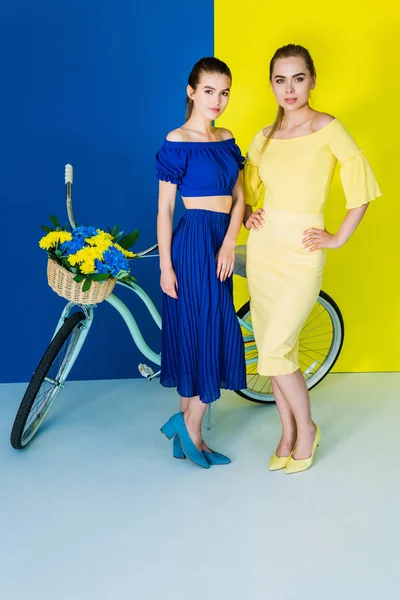 Elegant stylish women standing by female bicycle on blue and yellow background — Stock Photo