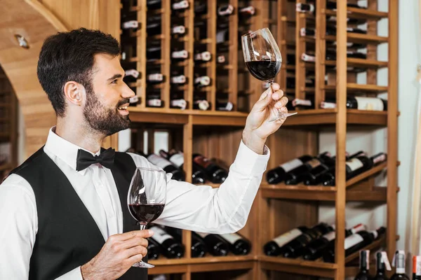 Beau jeune sommelier examinant la couleur du vin au magasin de vin — Photo de stock