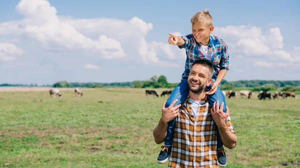 Heureux père portant fils souriant sur le cou et regardant loin dans le champ — Photo de stock