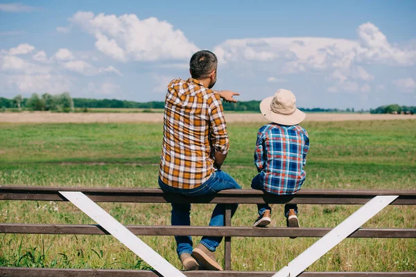 Vue arrière du père et du fils assis sur la clôture et regardant le champ vert — Photo de stock