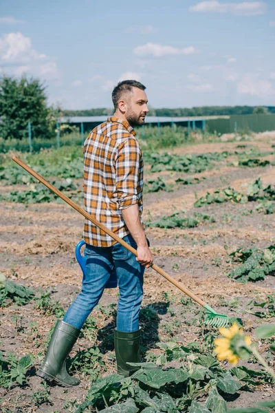 Agricoltore che tiene rastrello e irrigazione può mentre si cammina sul campo — Foto stock