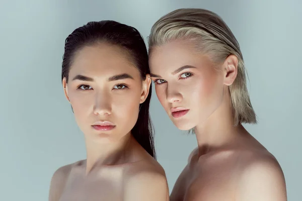 Belle donne nude multietniche, isolate sul grigio — Foto stock