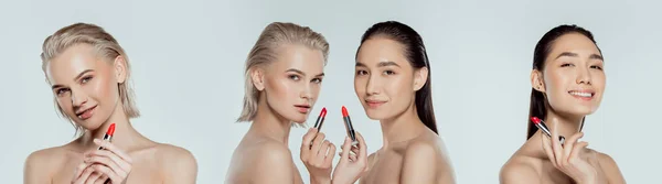 Collage mit multikulturellen Frauen, die mit roten Lippenstiften posieren, isoliert auf grau — Stockfoto