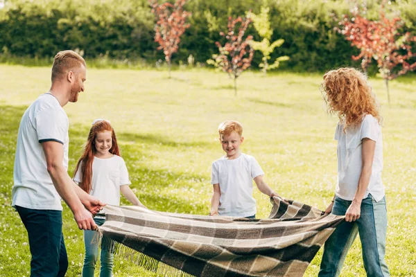 Glückliche Familie mit zwei Kindern, die Plaid halten, während sie Zeit zusammen beim Picknick im Park verbringen — Stockfoto