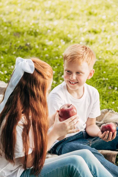 Feliz pelirroja niños comer manzanas mientras sentado en el picnic en el parque - foto de stock