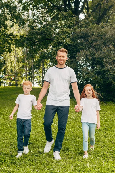 Батько з двома чарівними дітьми тримає руки і посміхається на камеру, ходячи разом у парку — стокове фото